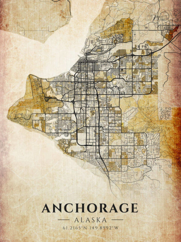 Anchorage Alaska Antique Map Illustration