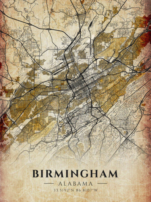 Birmingham Alabama Antique Map Illustration