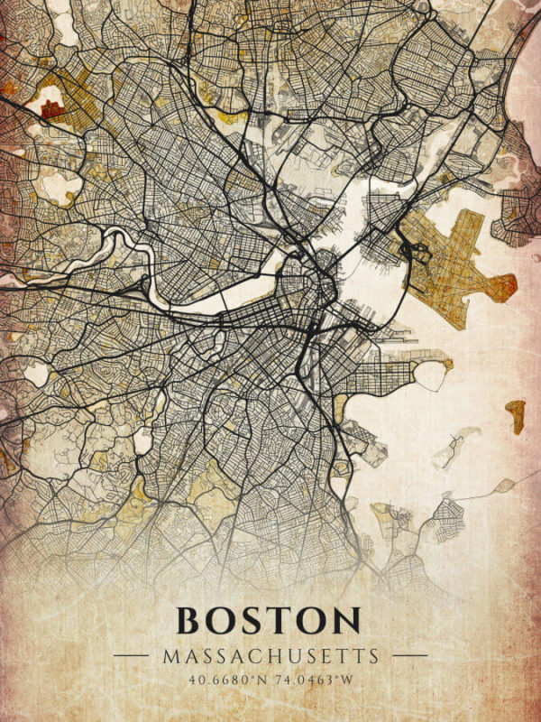 Boston Massachusetts Antique Map Illustration