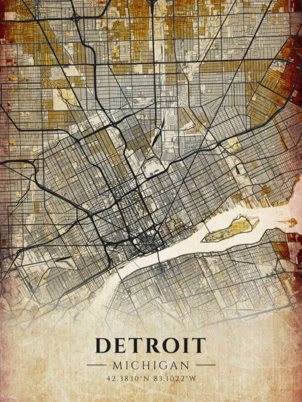 Detroit Michigan Antique Map Illustration