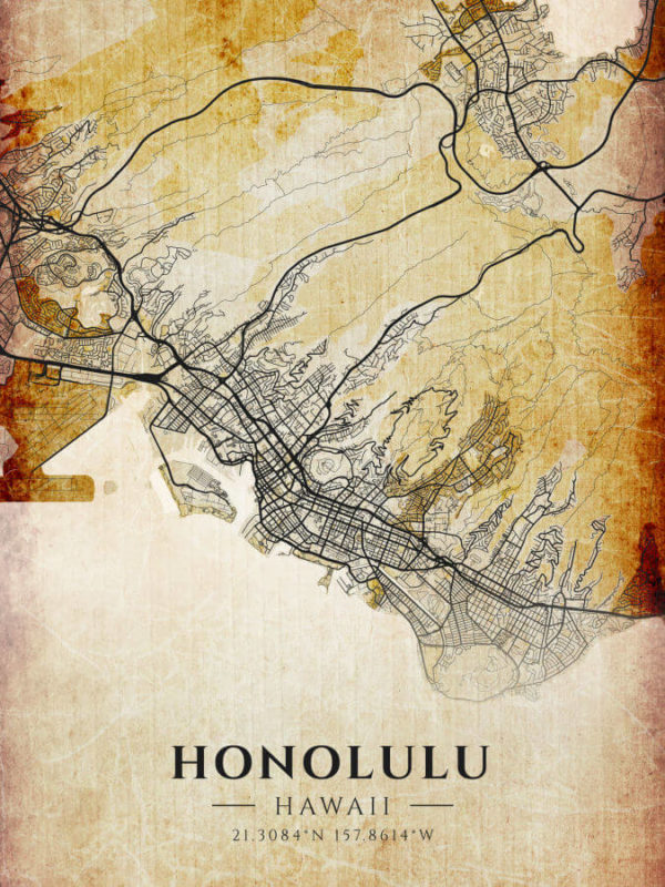Honolulu Hawaii Antique Map Illustration