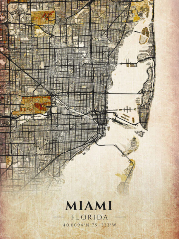 Miami Florida Antique Map Illustration