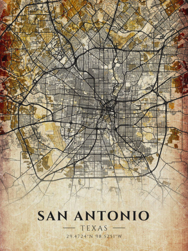 San Antonio Texas Antique Map Illustration