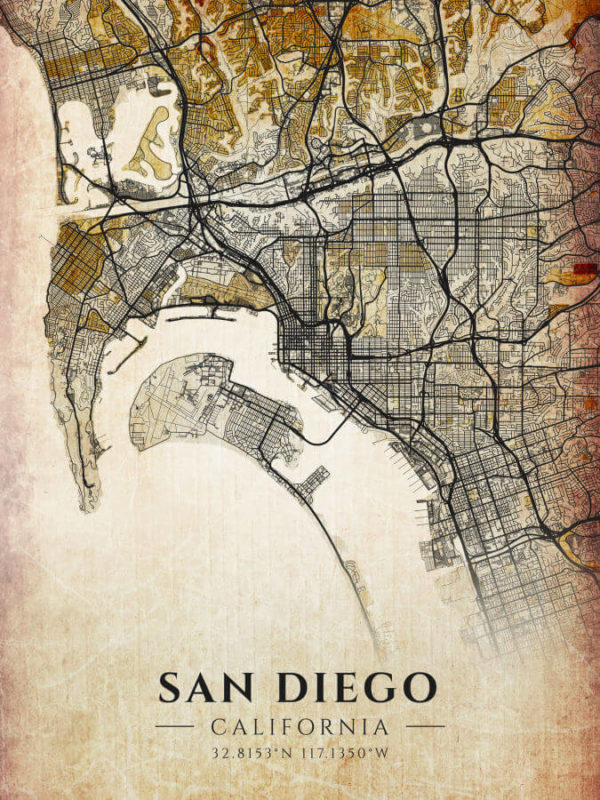 San Diego California Antique Map Illustration