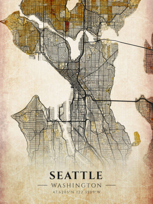 Seattle Washington Antique Map Illustration