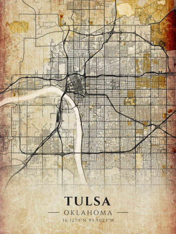 Tulsa Oklahoma Antique Map Illustration