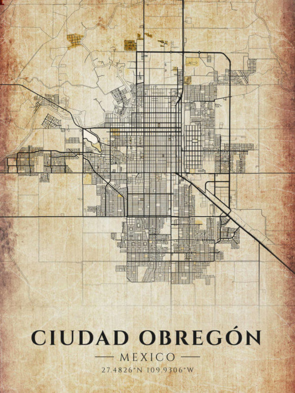 Ciudad Obregon Mexico Vintage Map Poster