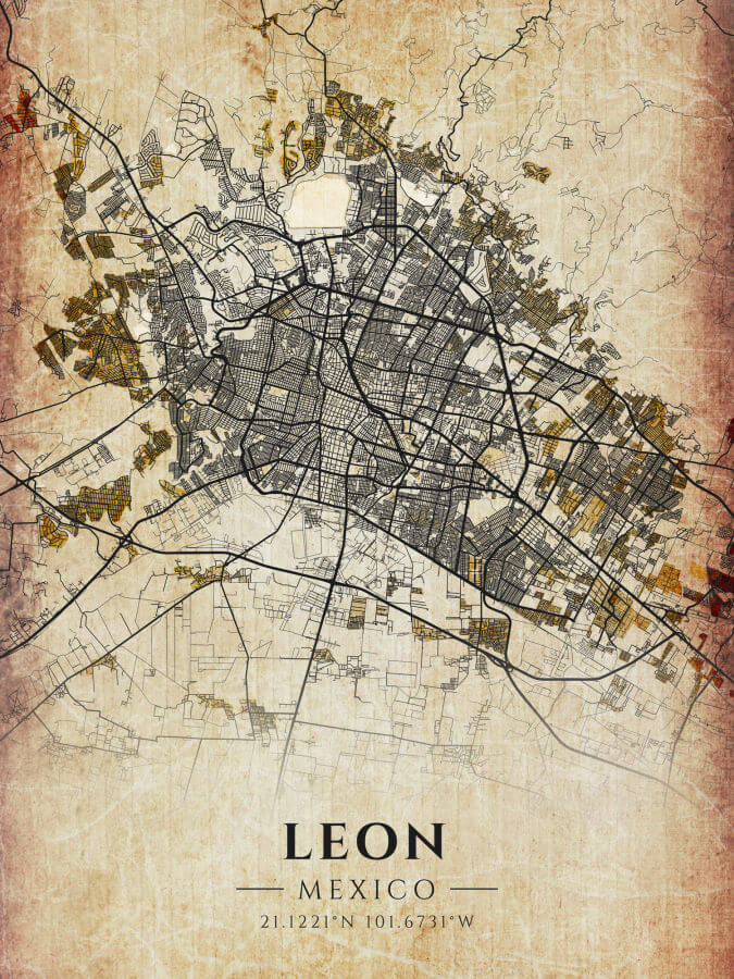 Leon Mexico Vintage Map Poster