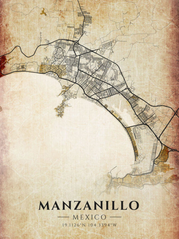 Manzanillo Mexico Vintage Map Poster