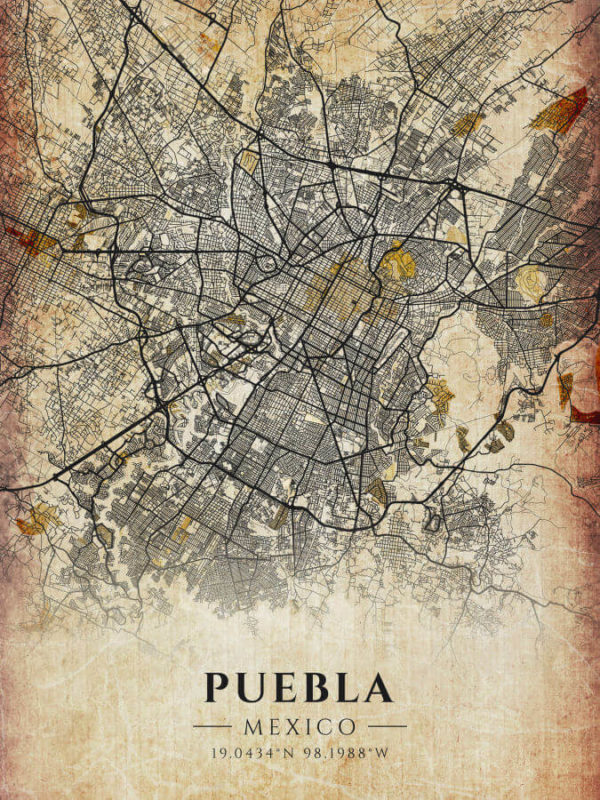Puebla Mexico Vintage Map Poster