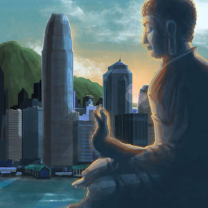 Building In Hong Kong And Buddha Statue