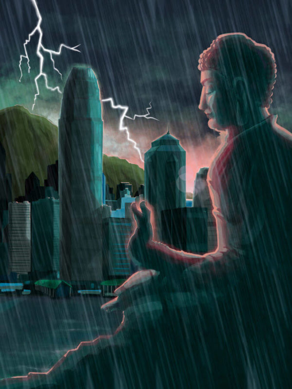 Building In Hong Kong And Buddha Statue During The Storm
