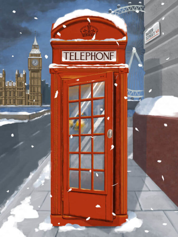 Red Telephone Booth In London Covered With Snow