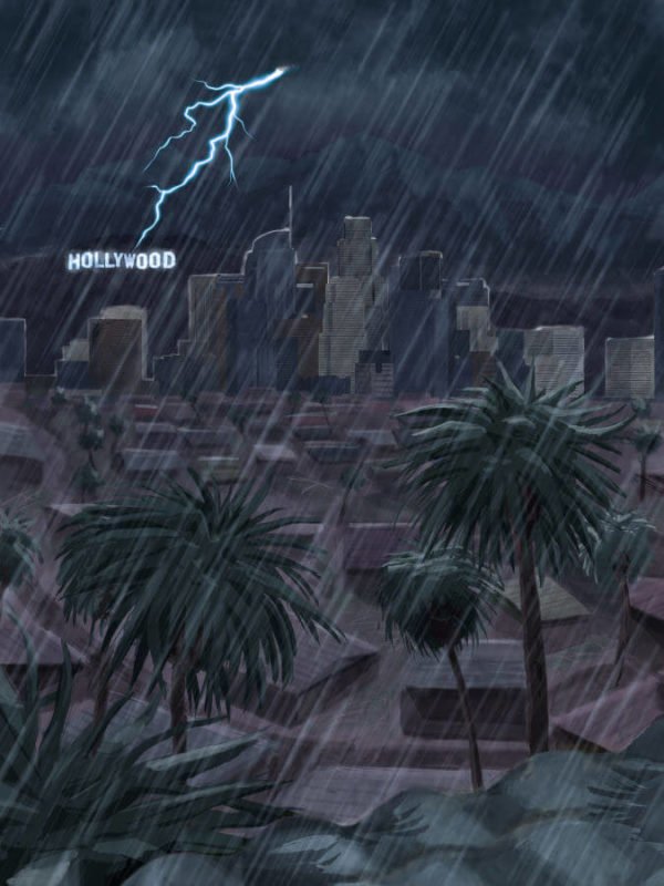 Los Angeles Cityscape With Palm Trees During The Storm
