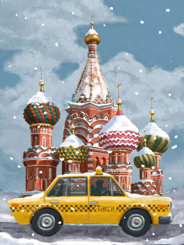 Saint Basil Cathedral And Yellow Taxi In Moscow Covered With Snow