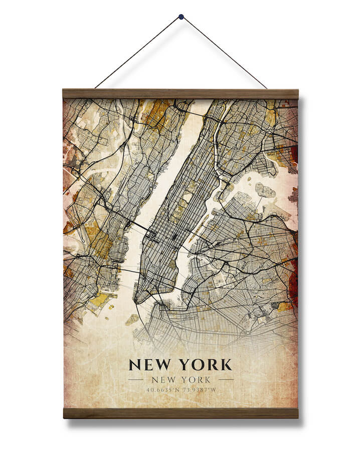 Magnetic Wooden Poster Hangers New York Antique City Map